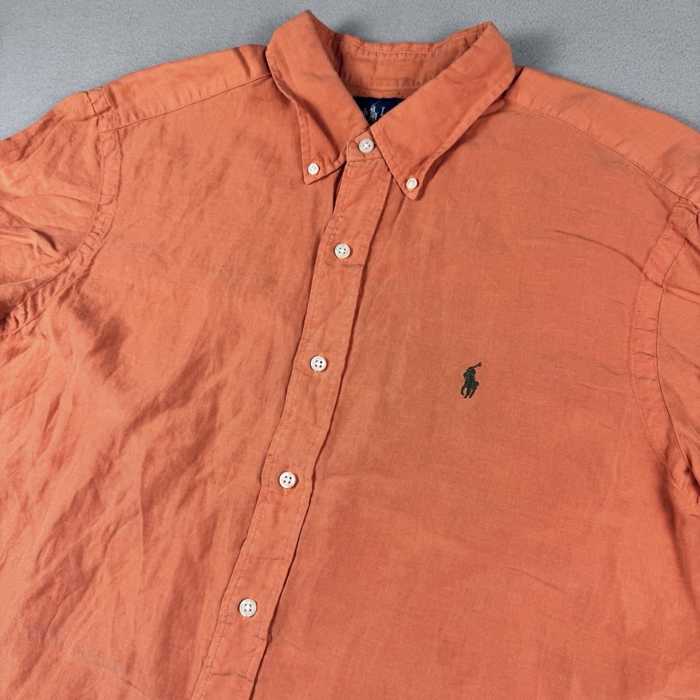 Vintage Polo Ralph Lauren‎ Linen Silk Button Shirt Lg Orange Short Sleeve Resort